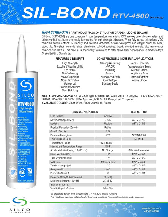 Silco RTV 4500 High-Performance Silicone Sealant & Adhesive – Case of 24 (10 oz Tubes)