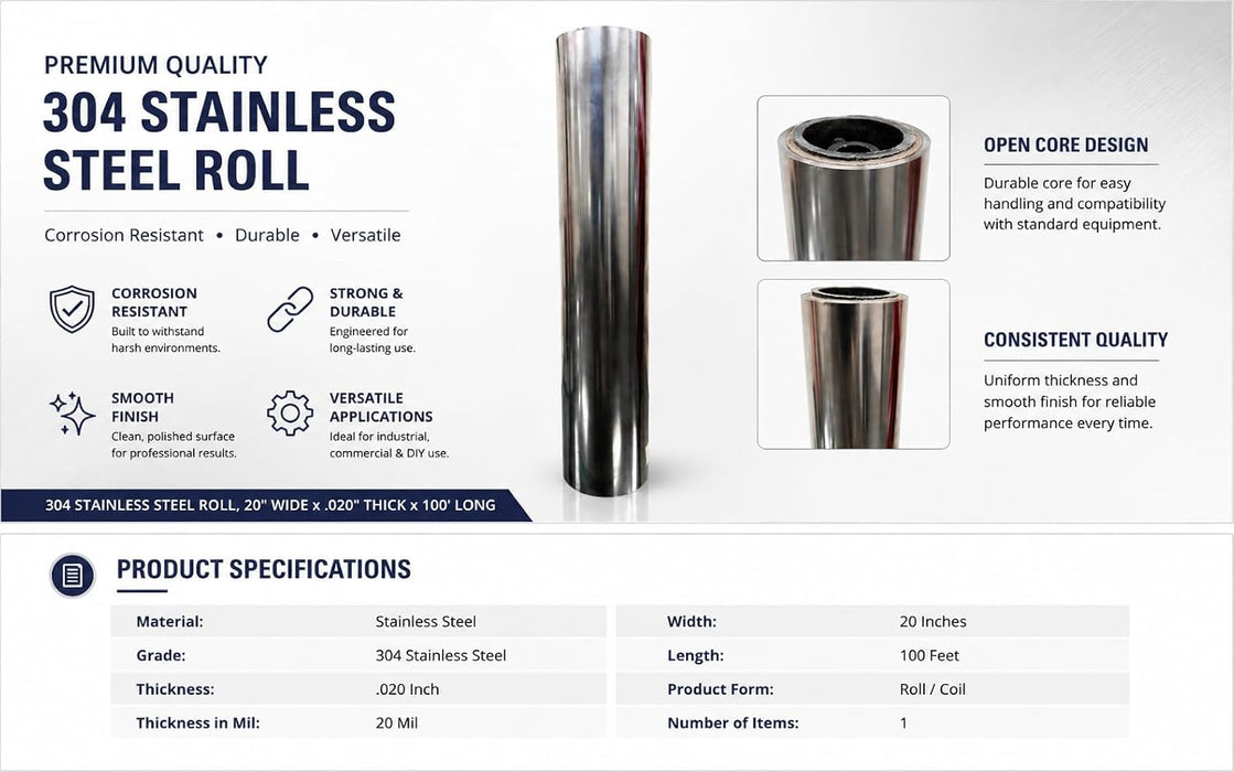 304 Stainless Steel Foil Roll 20" Wide x .020" Thick x 100' Continuous Roll