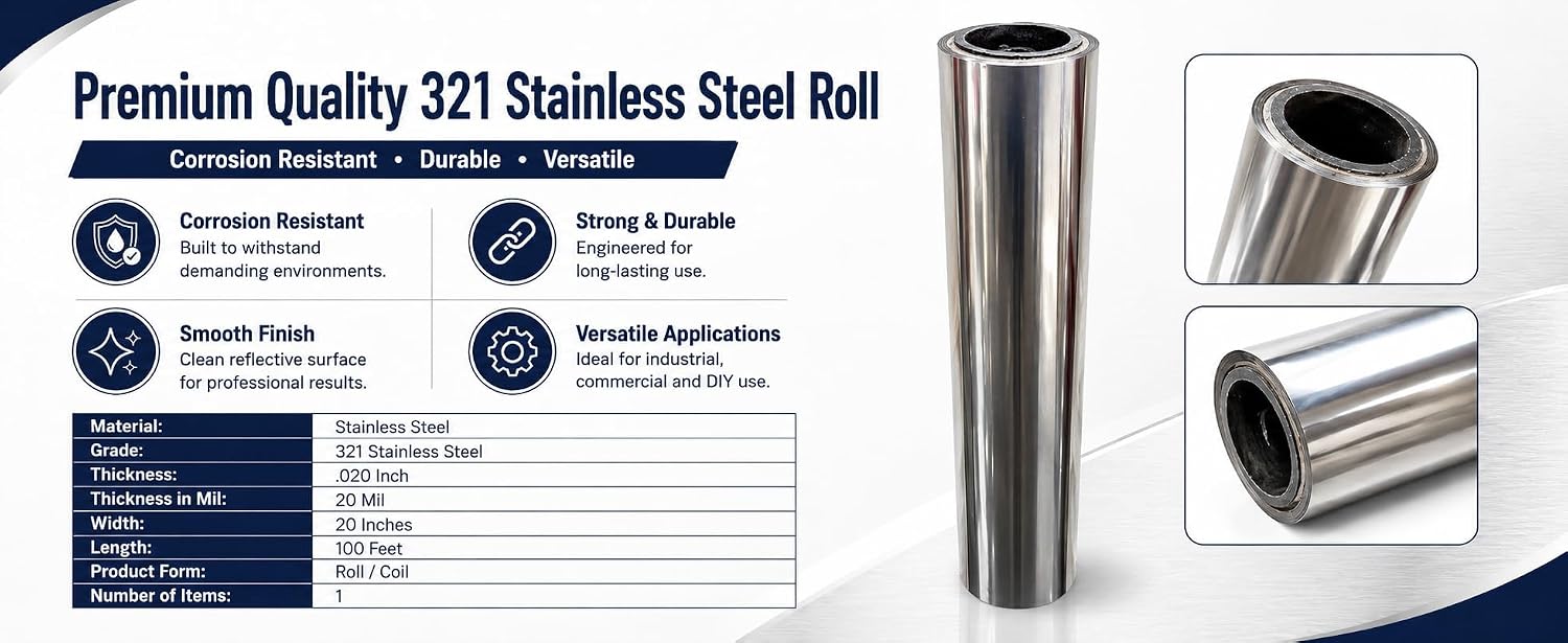 321 Stainless Steel Foil Roll 20" Wide x .020" Thick x 100'